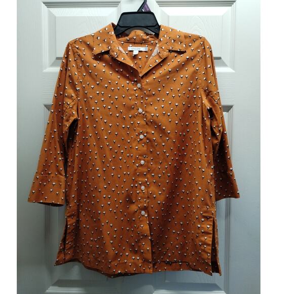 Chico's Size Small (0) US 4 Orange Button Up 3/4 Sleeves Cotton Plant Shirt - Picture 2 of 7